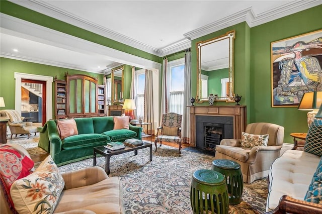 2425 Coliseum St, New Orleans, LA 70130 - living room with crown molding and a fireplace with flush hearth