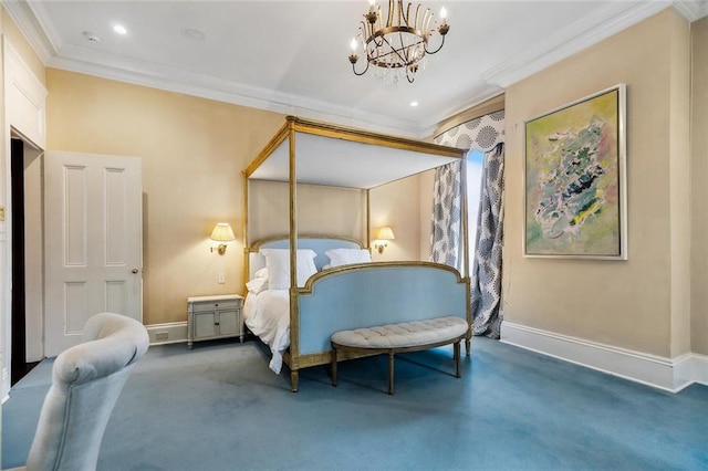 2425 Coliseum St, New Orleans, LA 70130 - carpeted bedroom with crown molding, baseboards, recessed lighting, and a chandelier