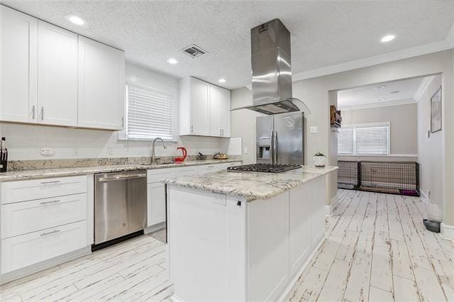 kitchen featuring appliances with stainless steel finishes, sink, white cabinets, island exhaust hood, and a center island