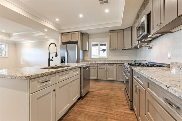 kitchen featuring sink, light wood-type flooring, appliances with stainless steel finishes, a tray ceiling, and an island with sink