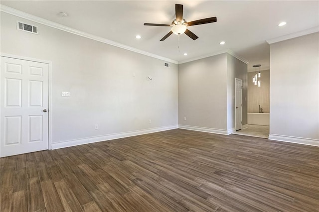 unfurnished room featuring ornamental molding, dark hardwood / wood-style floors, and ceiling fan