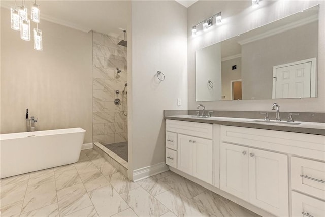 bathroom with crown molding, separate shower and tub, and vanity