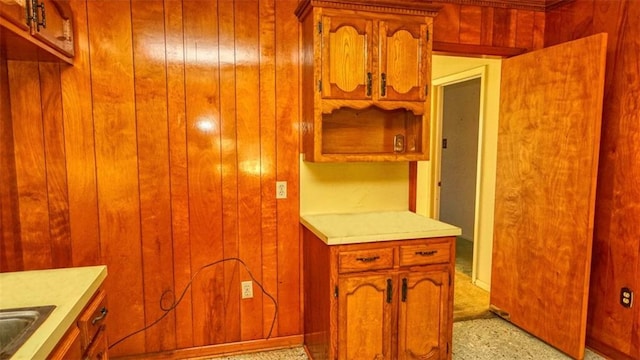 kitchen featuring wood walls