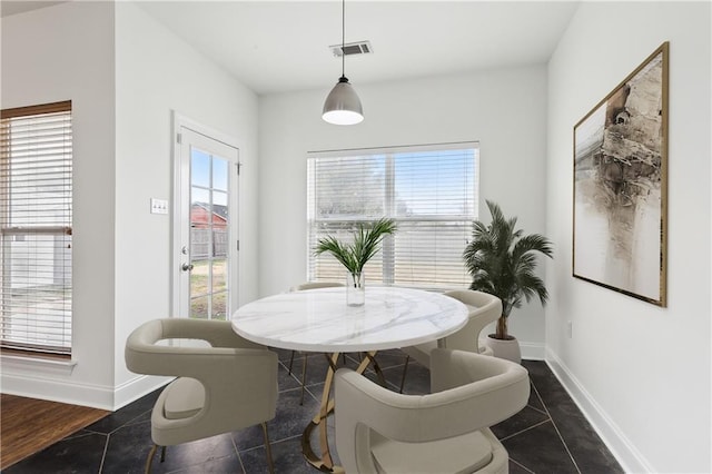 dining space featuring plenty of natural light and dark tile patterned floors