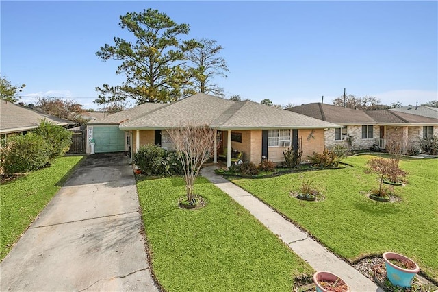 single story home with a garage and a front yard