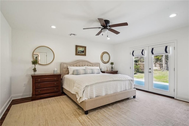 bedroom featuring french doors, ceiling fan, and access to exterior