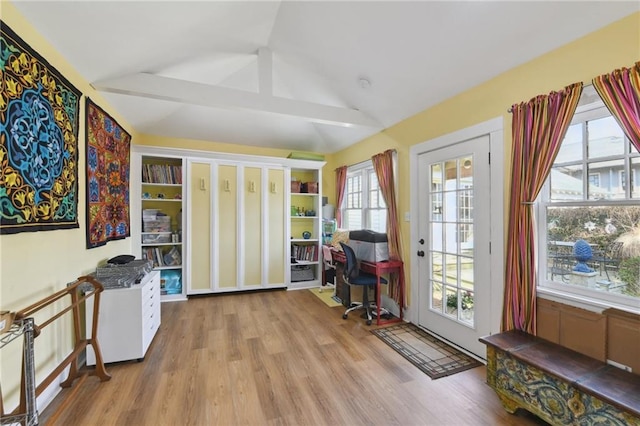 interior space featuring vaulted ceiling and light wood-type flooring