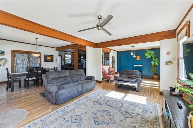 living room featuring ornamental molding, beam ceiling, and light wood-type flooring