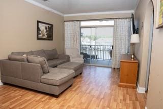 living room with ornamental molding and light wood-type flooring