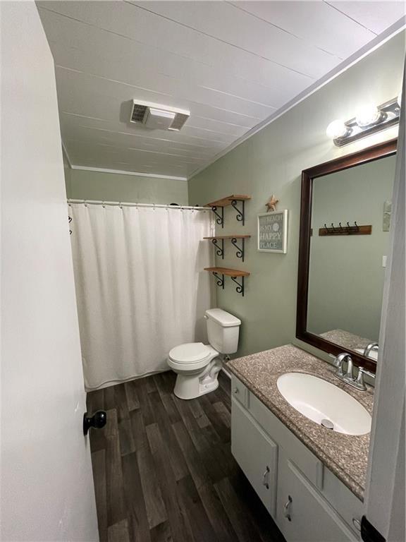 bathroom with hardwood / wood-style flooring, vanity, a shower with shower curtain, and toilet