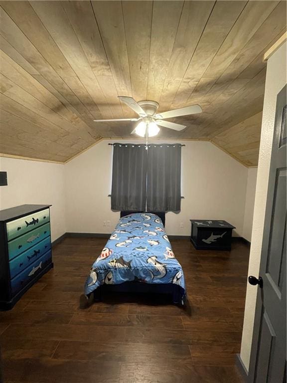 bedroom with ceiling fan, lofted ceiling, wooden ceiling, and dark hardwood / wood-style flooring