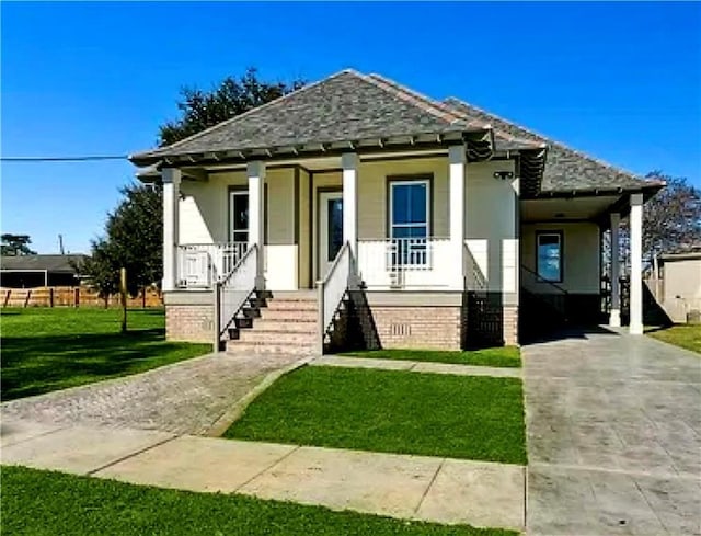 bungalow featuring covered porch and a front lawn