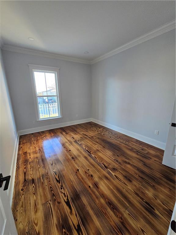 spare room with ornamental molding and dark hardwood / wood-style flooring