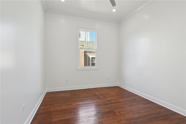 unfurnished room with baseboards, dark wood finished floors, ornamental molding, recessed lighting, and a ceiling fan