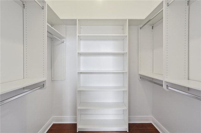 spacious closet with dark wood-style flooring