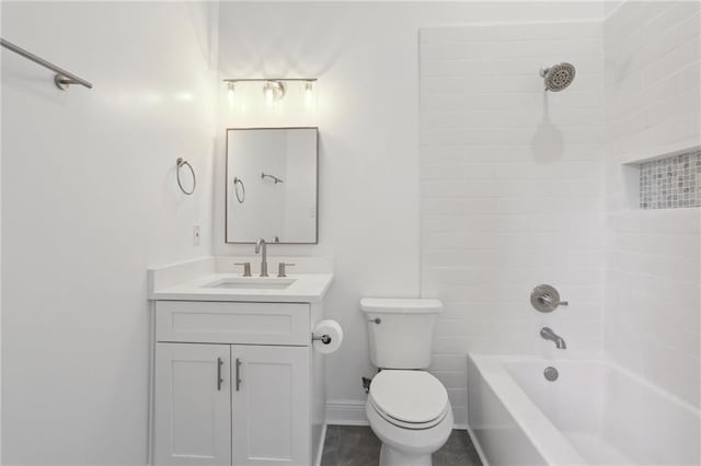 full bath with baseboards, toilet, vanity, and bathing tub / shower combination