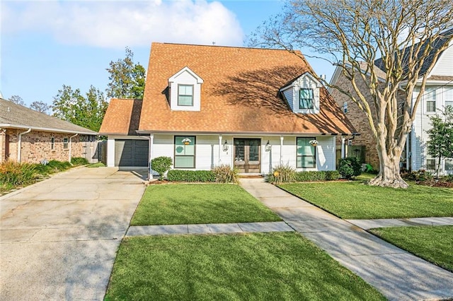 cape cod-style house featuring a garage and a front yard