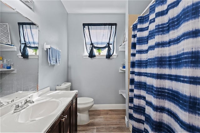 bathroom with vanity, toilet, hardwood / wood-style floors, and a wealth of natural light