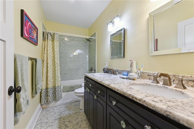 full bathroom with shower / bath combo, vanity, tile patterned floors, and toilet