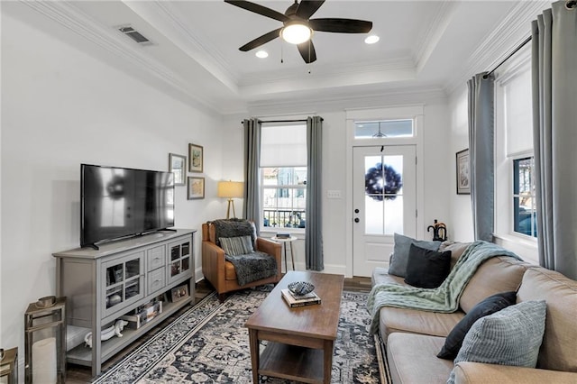 living room featuring ceiling fan, ornamental molding, wood-type flooring, and a raised ceiling