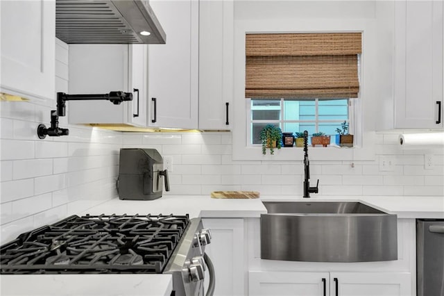 kitchen featuring sink, exhaust hood, white cabinets, and appliances with stainless steel finishes