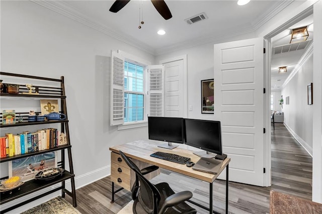 office featuring crown molding, ceiling fan, and hardwood / wood-style floors