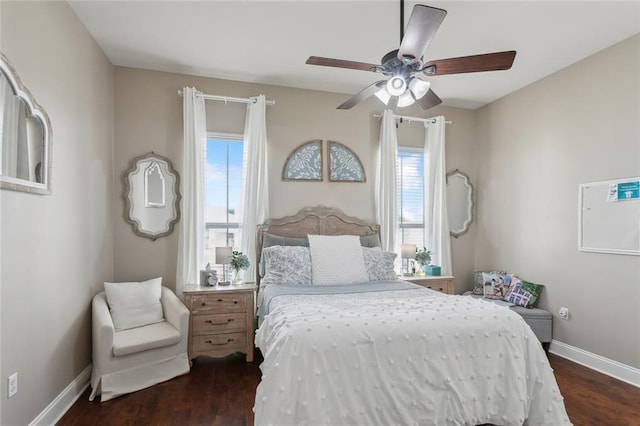 bedroom featuring ceiling fan and dark hardwood / wood-style flooring