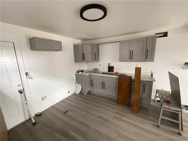 washroom with cabinets, dark hardwood / wood-style floors, and sink