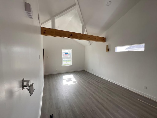 empty room with dark hardwood / wood-style flooring, high vaulted ceiling, and beamed ceiling