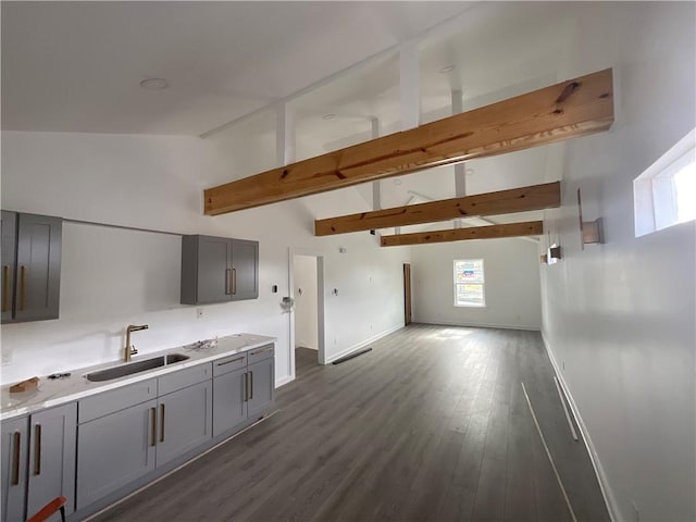 kitchen featuring high vaulted ceiling, beamed ceiling, sink, gray cabinetry, and dark hardwood / wood-style flooring