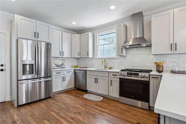 kitchen with sink, appliances with stainless steel finishes, range hood, wood-type flooring, and decorative backsplash