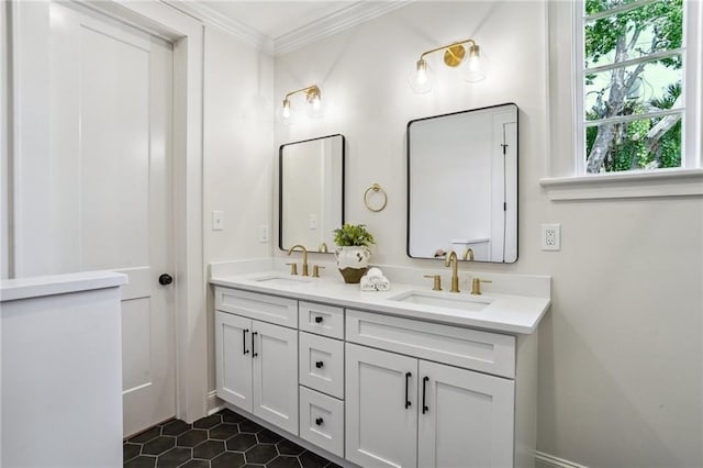 bathroom with vanity, tile patterned flooring, and ornamental molding