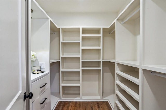 spacious closet with dark hardwood / wood-style flooring