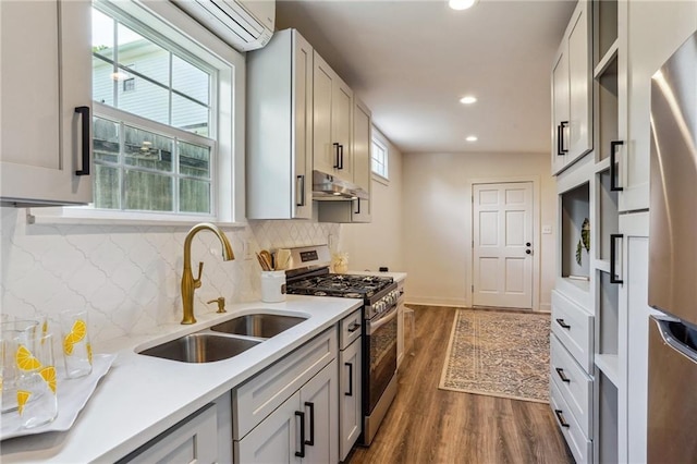 kitchen featuring stainless steel gas range oven, sink, backsplash, and dark hardwood / wood-style floors