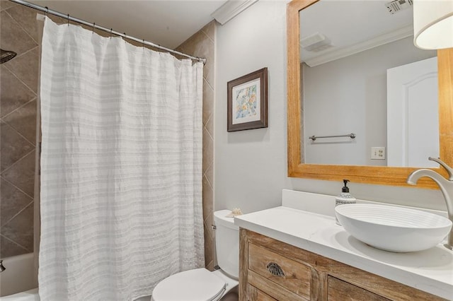 bathroom with toilet, vanity, visible vents, ornamental molding, and shower / bath combo