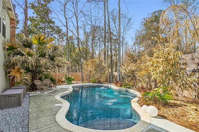 view of pool with a fenced backyard, a fenced in pool, and a patio