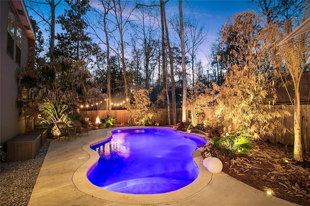 view of pool with a fenced backyard, a fenced in pool, and a patio