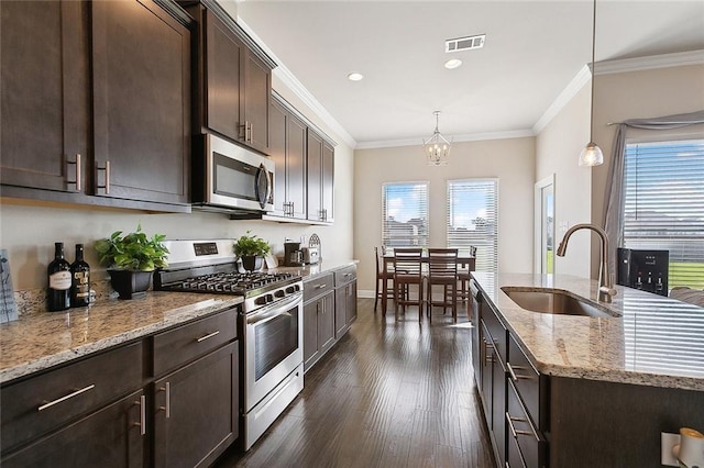 kitchen featuring dark brown cabinetry, sink, decorative light fixtures, and stainless steel appliances