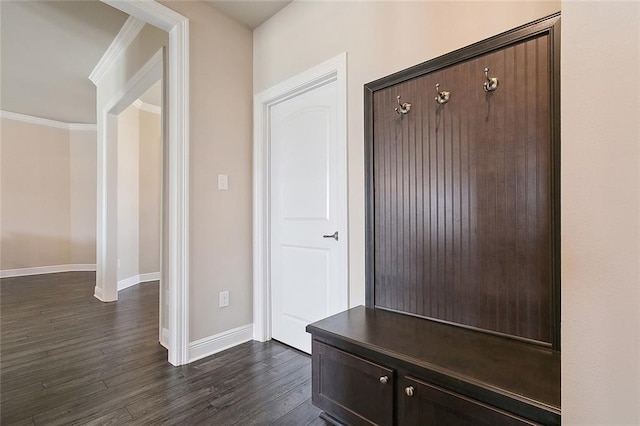 mudroom with ornamental molding and dark hardwood / wood-style flooring