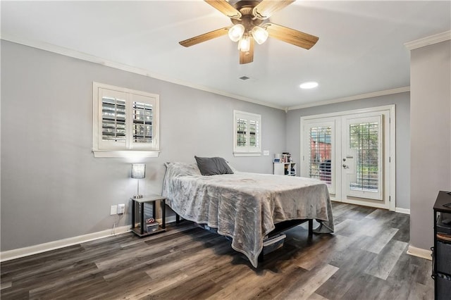 bedroom with crown molding, ceiling fan, dark hardwood / wood-style flooring, access to outside, and french doors