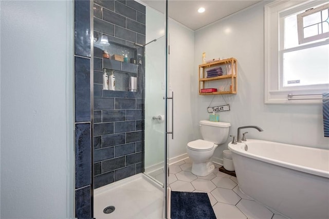 bathroom featuring tile patterned floors, independent shower and bath, and toilet