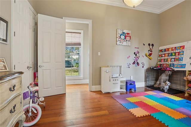 playroom with crown molding and wood-type flooring