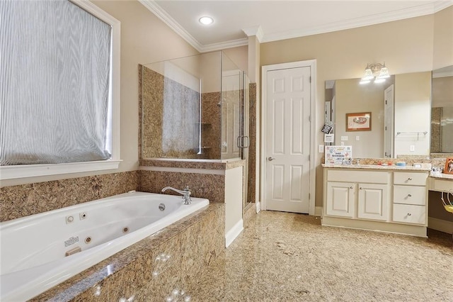 bathroom with vanity, ornamental molding, and shower with separate bathtub