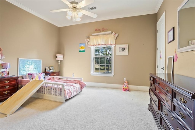 carpeted bedroom featuring multiple windows, crown molding, and ceiling fan