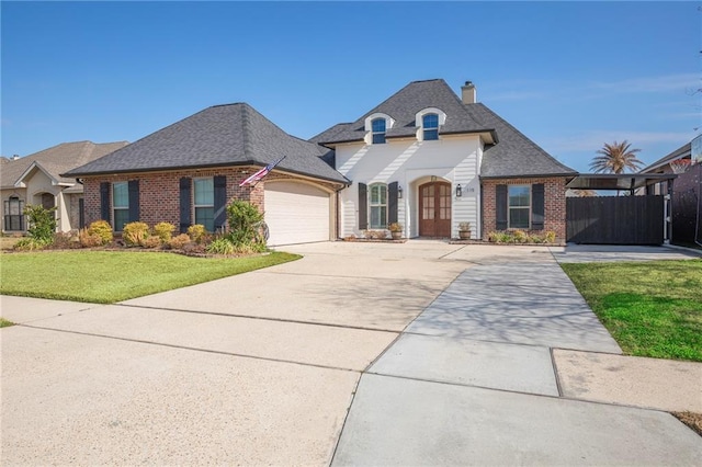 french country inspired facade featuring a garage and a front lawn