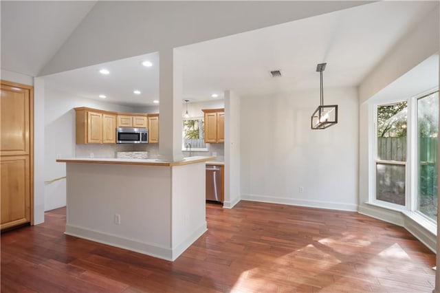 kitchen with dark hardwood / wood-style flooring, vaulted ceiling, stainless steel appliances, and light brown cabinets