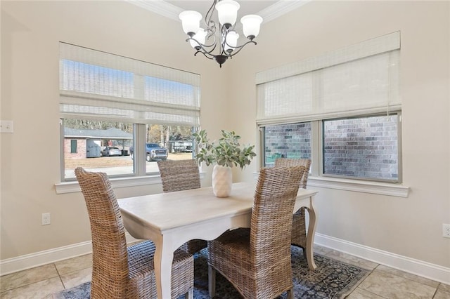 dining room featuring light tile patterned floors, crown molding, and a chandelier