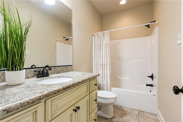 full bathroom featuring vanity, tile patterned floors, toilet, and shower / bathtub combination with curtain