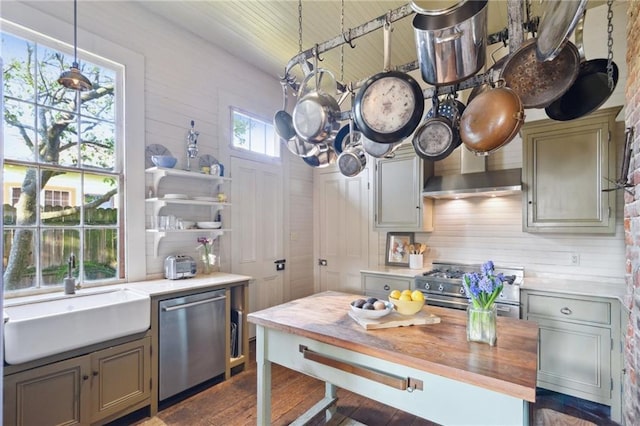 kitchen featuring wall chimney exhaust hood, sink, appliances with stainless steel finishes, gray cabinets, and pendant lighting