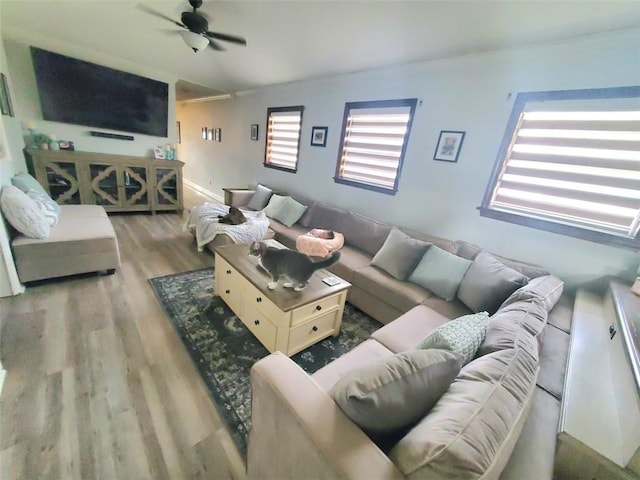 living room featuring hardwood / wood-style flooring and ceiling fan